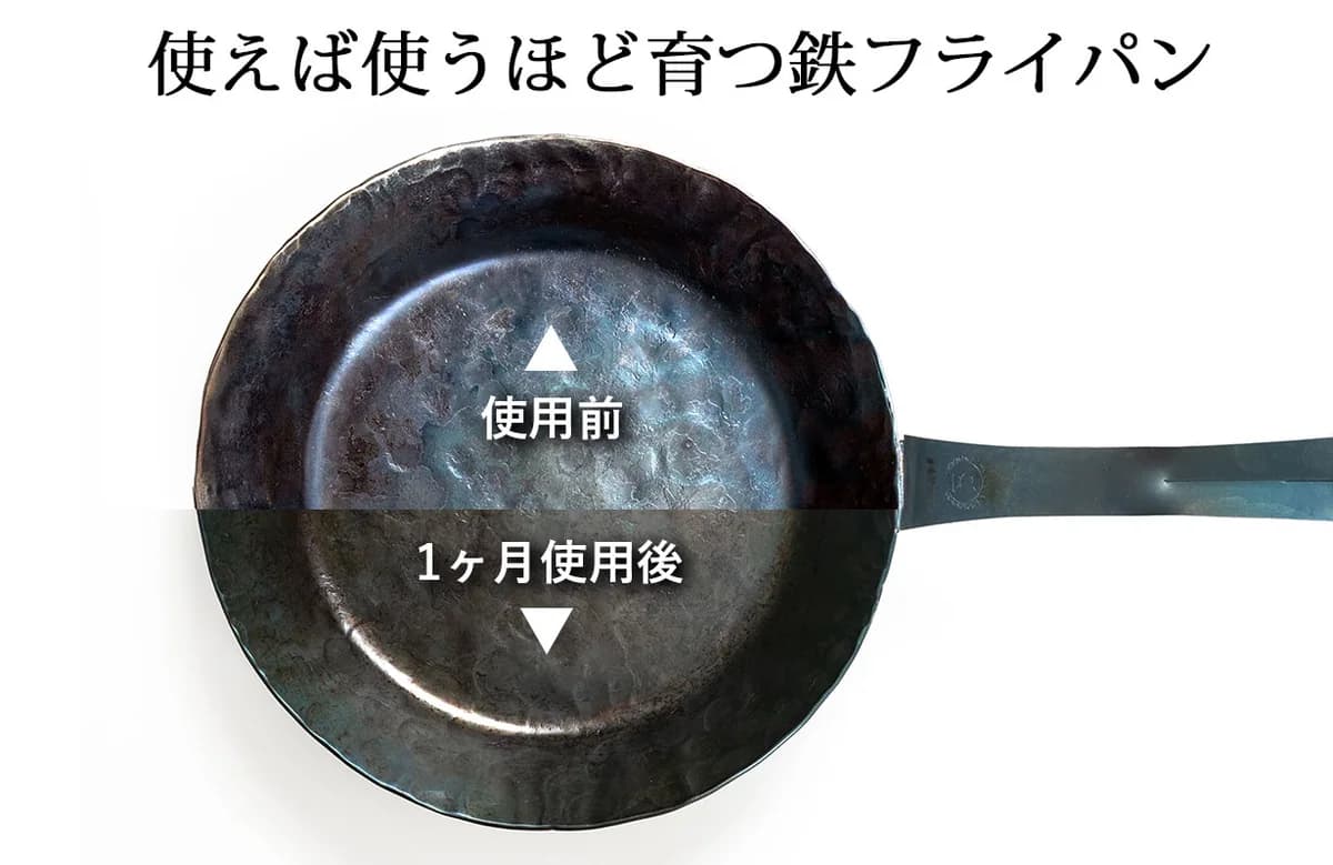 鍛造鉄フライパンの使用前と1か月使用後の色艶の変化例